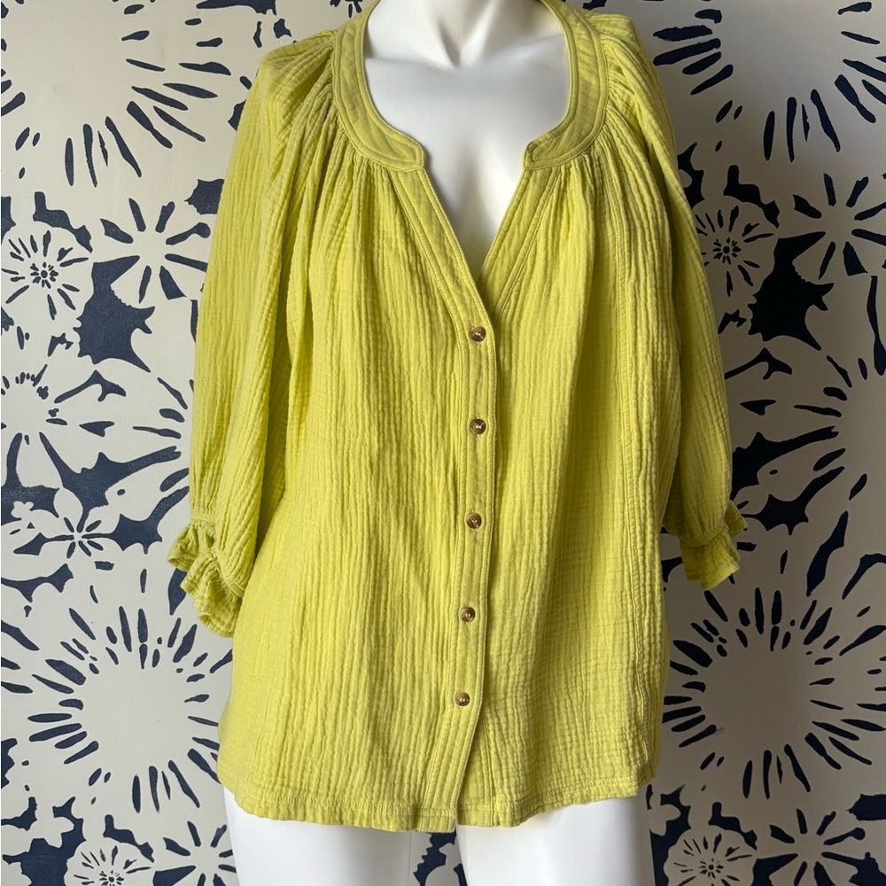 Easel Green and Yellow Buttoned Ribbed Blouse